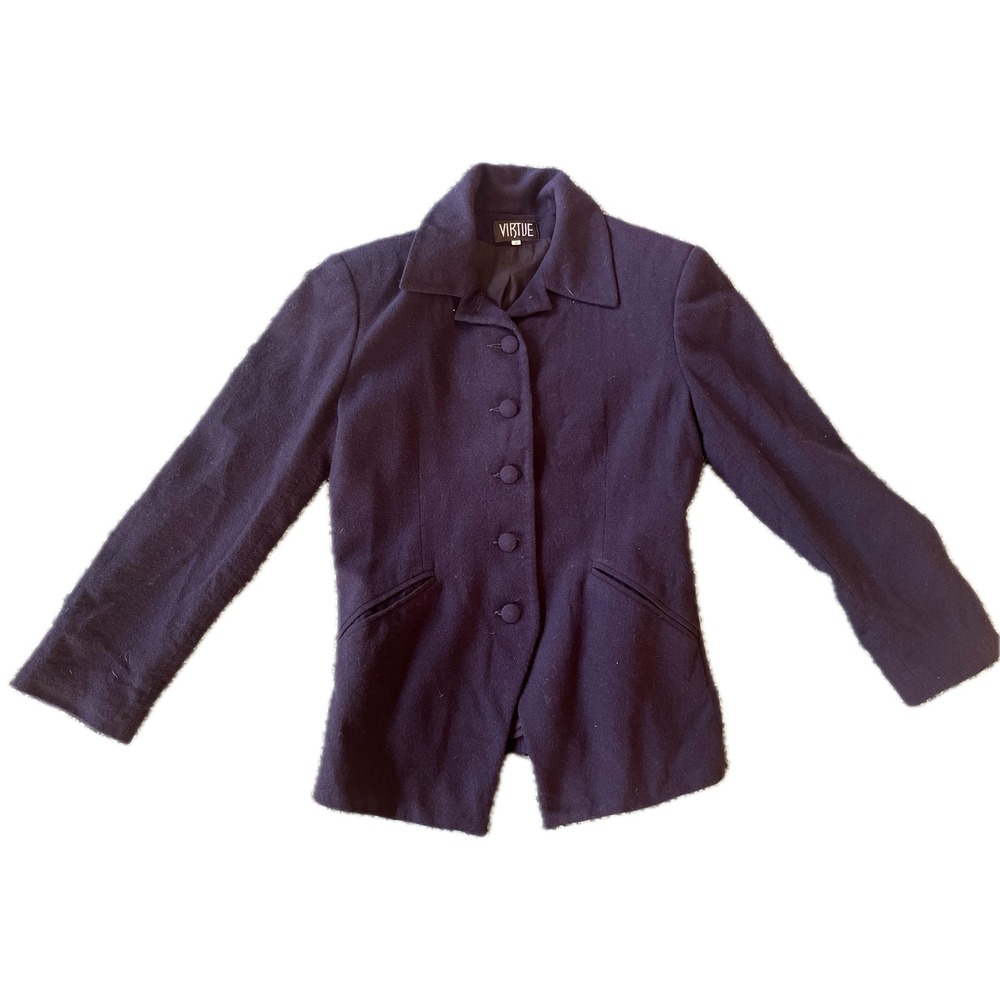 Vintage 70s Womens Navy Button Front 100% Wool Blazer Jacket Size 4 Preppy